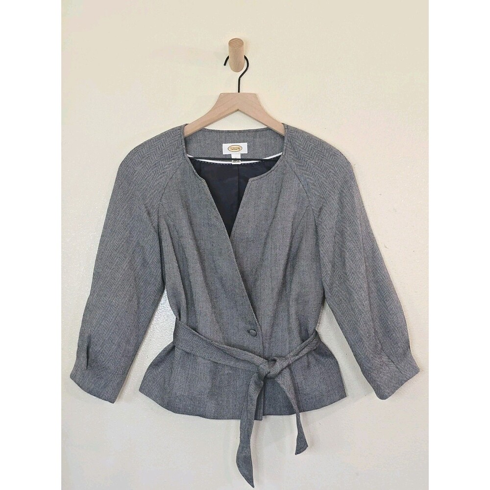 Talbots Herringbone Wrap Belted Blazer Jacket Womens 6 Wool Linen Navy Blue